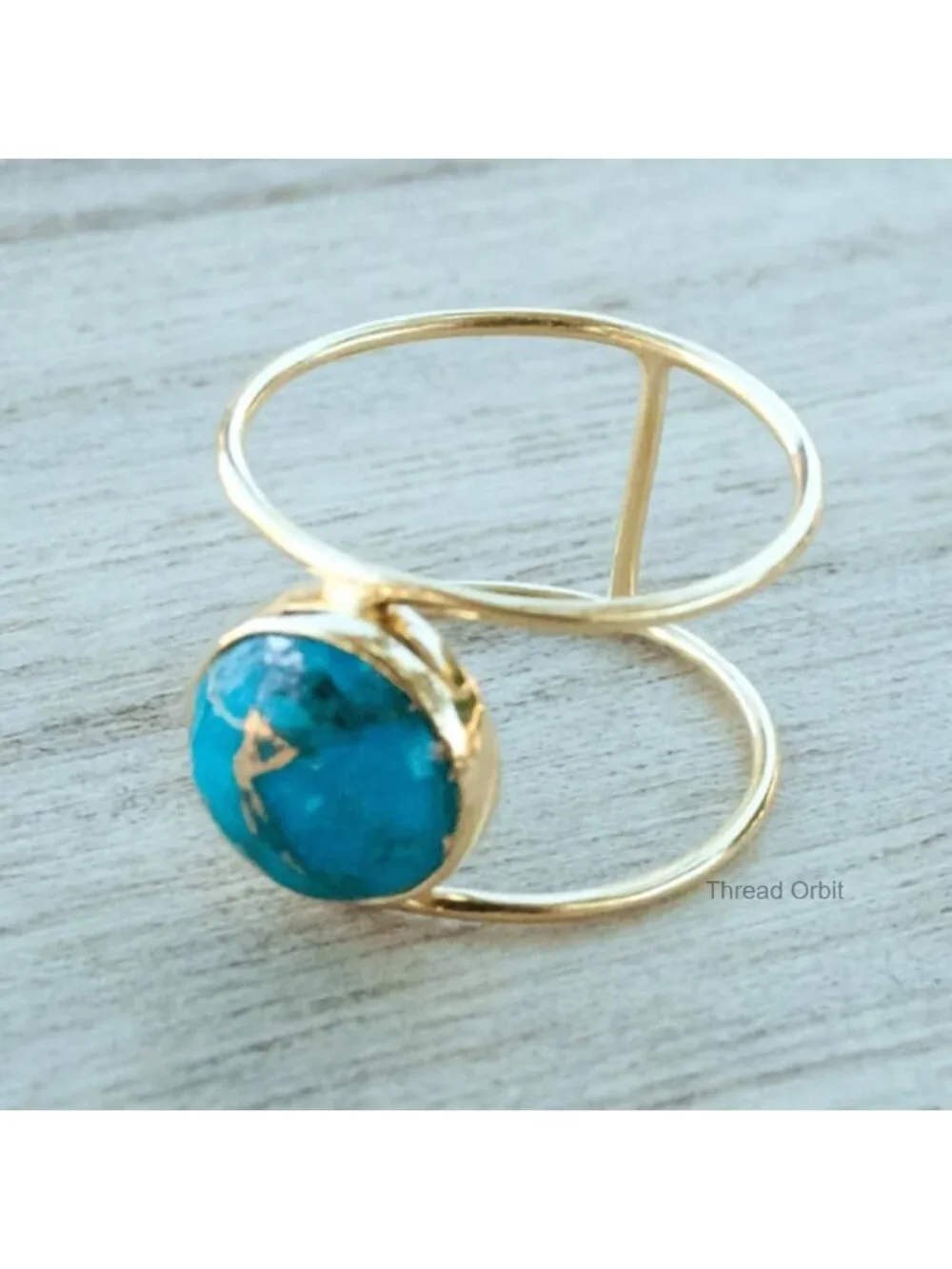 14K Gold Plated Statement Ring Simulated Blue Turquoise 925 Silver Plated Gem